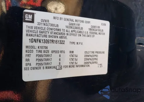 2007 Chevrolet Tahoe Lt from USA, damaged, VIN 1GNFK13097R161322